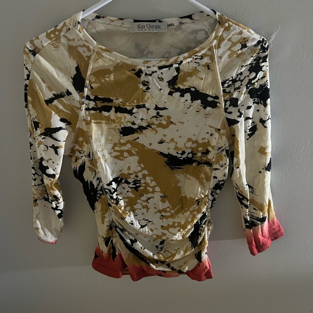 Kay Unger Cream, Gold & Black Abstract Scoop Neck Top with Coral Dip Dye Accents